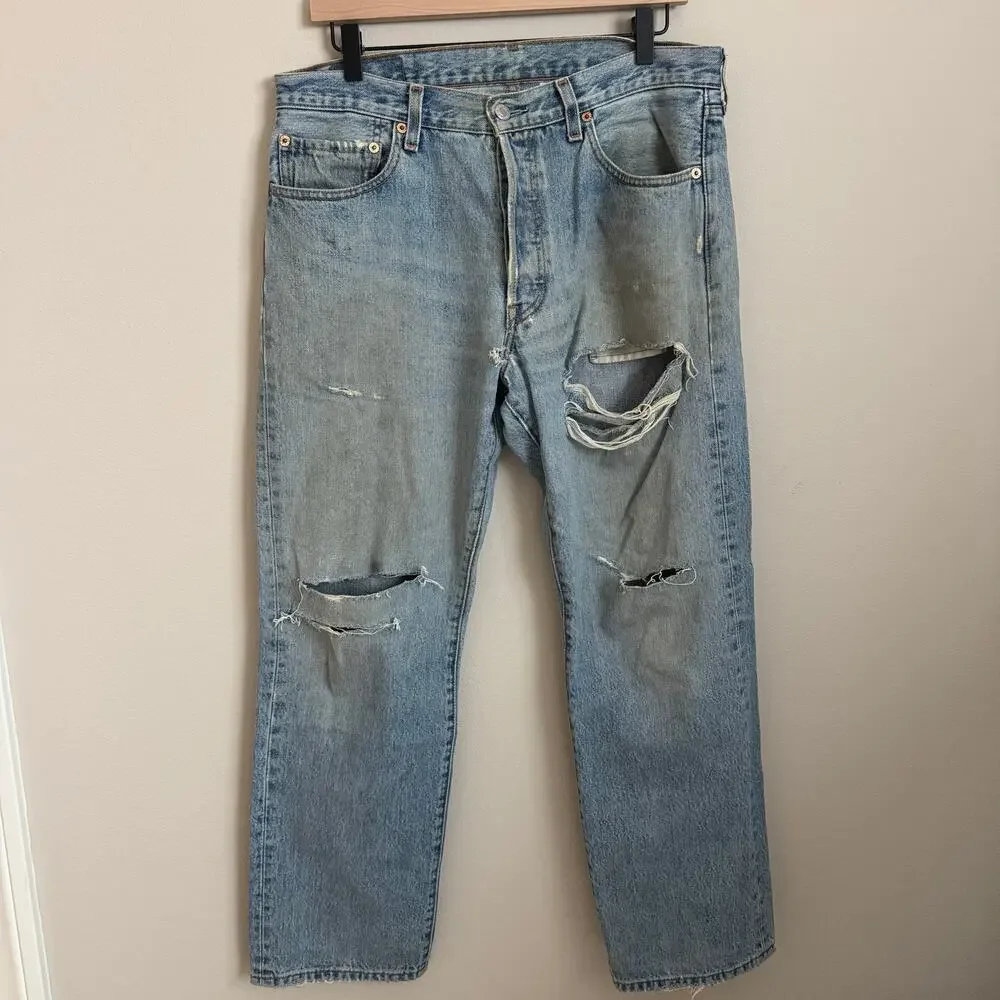 Vintage 90s Levis 501s Thrashed Light Wash Mens 34 x 30 Distressed Red Tab Jeans